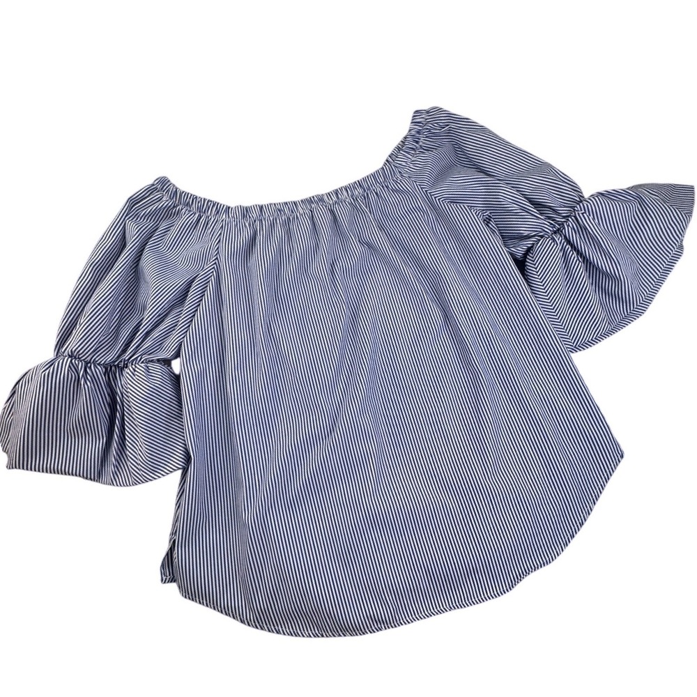 Gibson x Latimer Blue White Striped Off Shoulder Ruffle Bell Sleeve Blouse XL